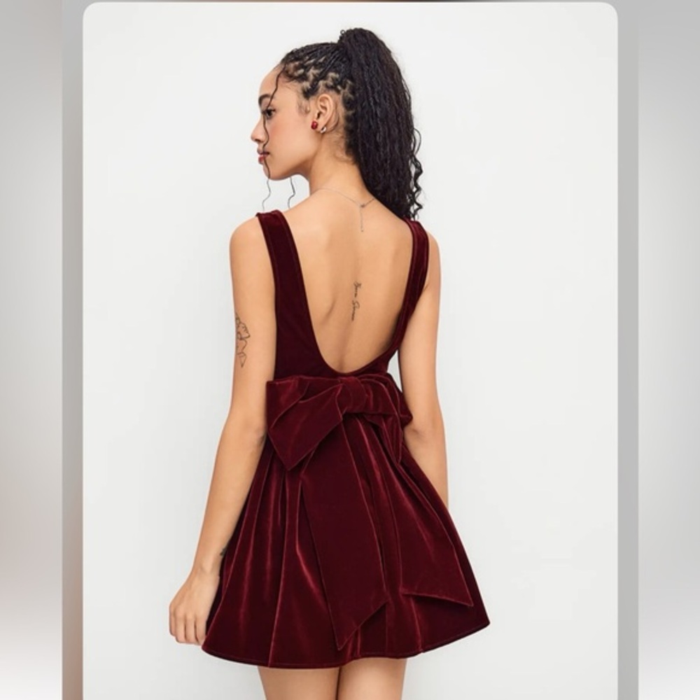 Cider VELVET BOAT NECK BOW BACKLESS MINI DRESS S RPSTOP-13 - Picture 1 of 9